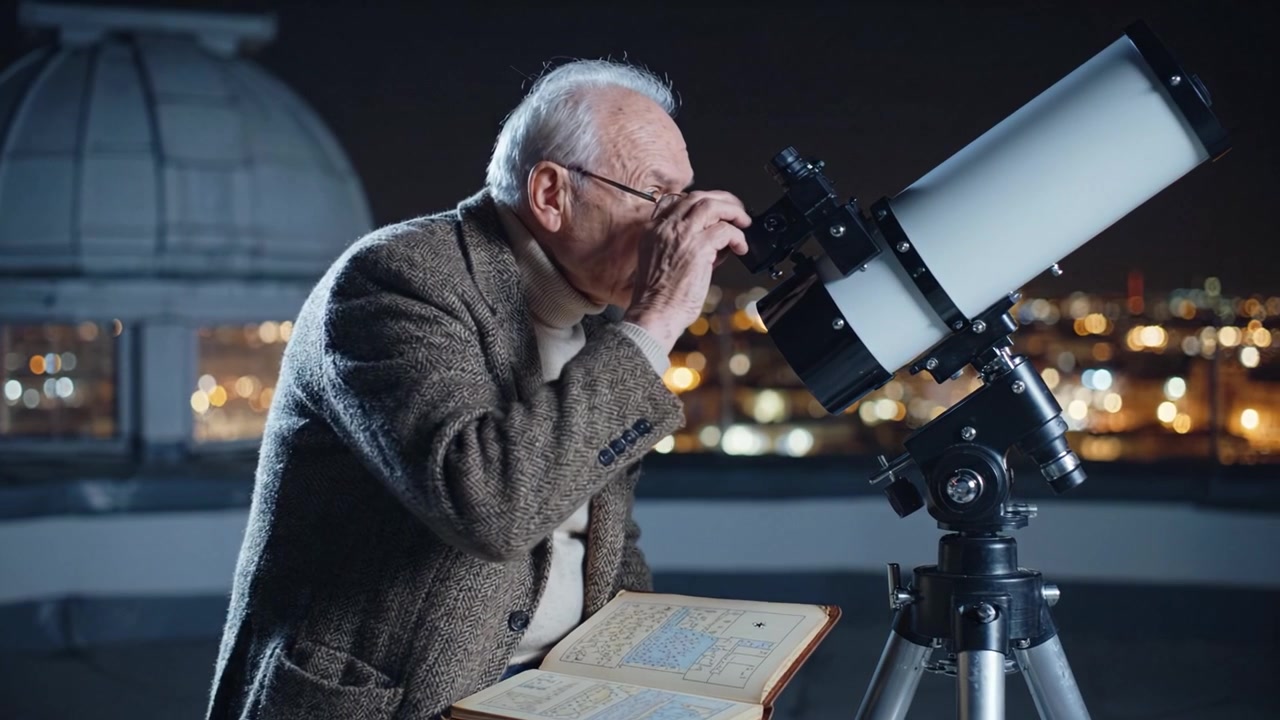 Detaylı bir kitaptan faydalanarak gece gökyüzünü keşfetmek için teleskop kullanan yaşlı bir adam, astronomiye olan tutkusunu ve kozmosu keşfetme arzusunu gözler önüne seriyor.