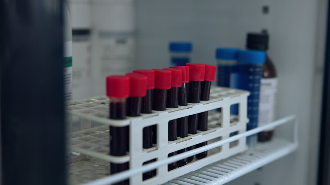 Gloved Hand Taking Blood Sample from Test Tube Rack in Laboratory