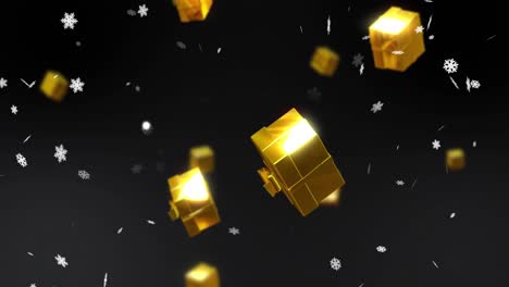 animation of christmas gold presents and snow falling on black background