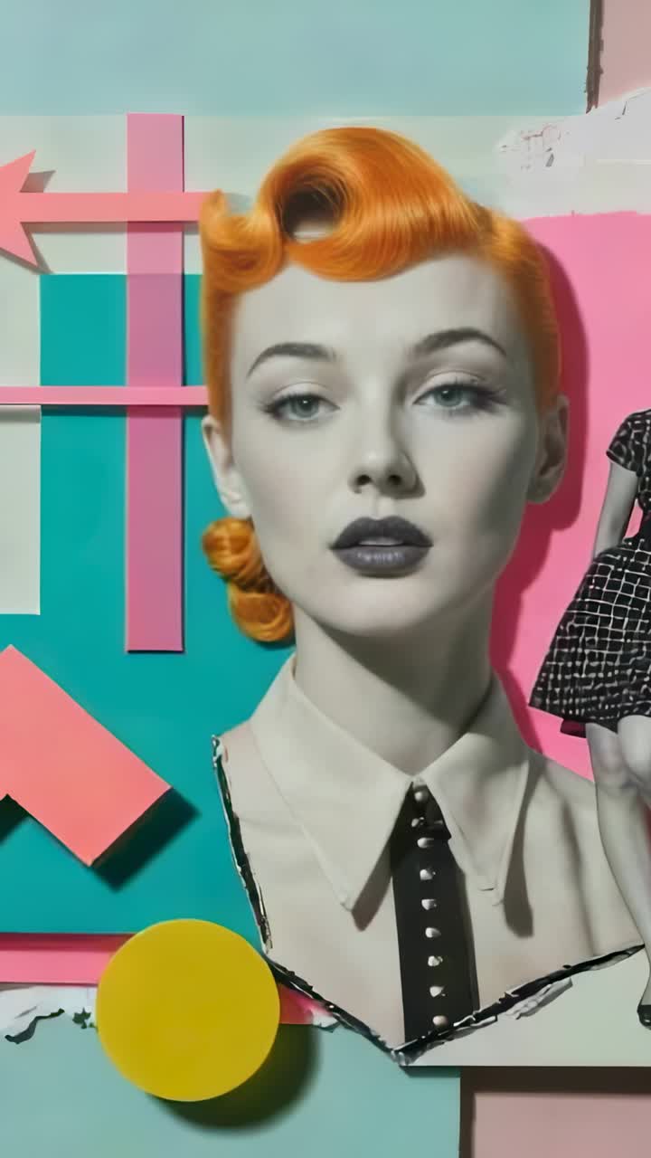 Vertical video: Art collage showing portrait with studded tie in studio, featuring grayscale figure