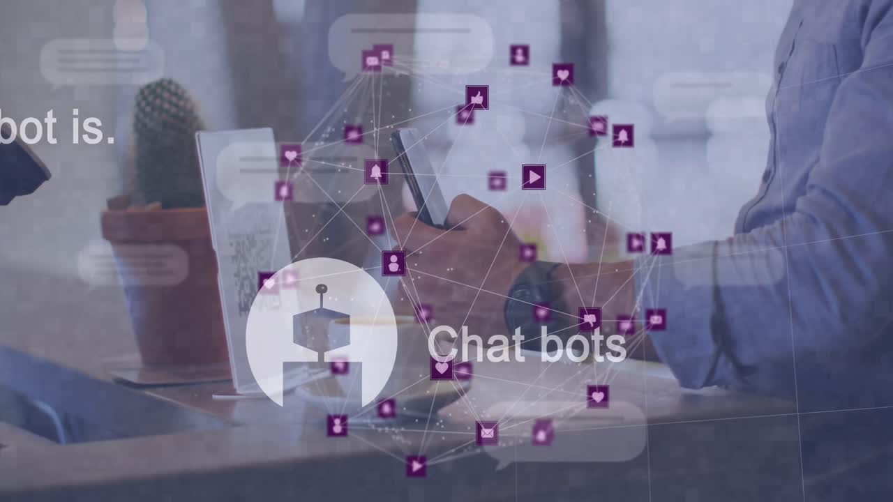 animación de procesamiento de datos ai sobre empresario biracial usando portátil y teléfono