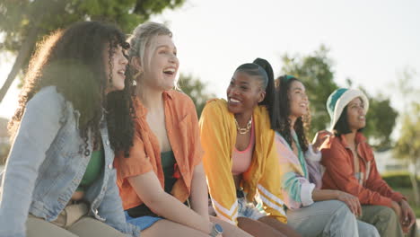 laughing, talking or friends in park on holiday