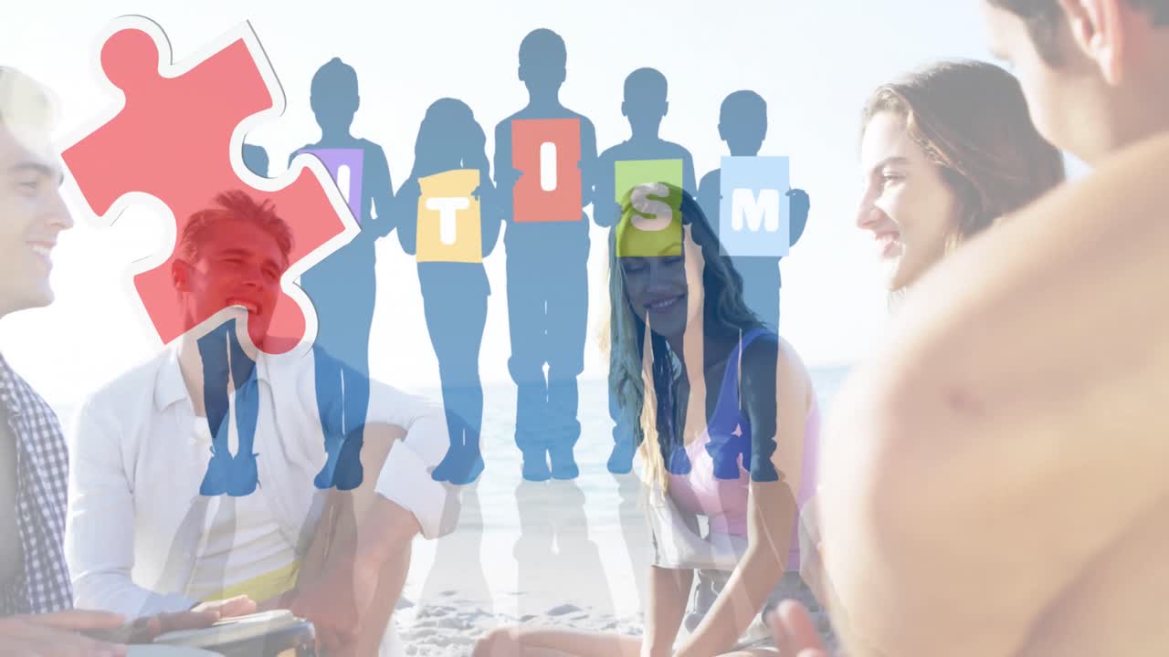 여름 해변 파티에서 행복한 친구들 위에 다채로운 퍼즐 조각과 자폐증 텍스트의 애니메이션