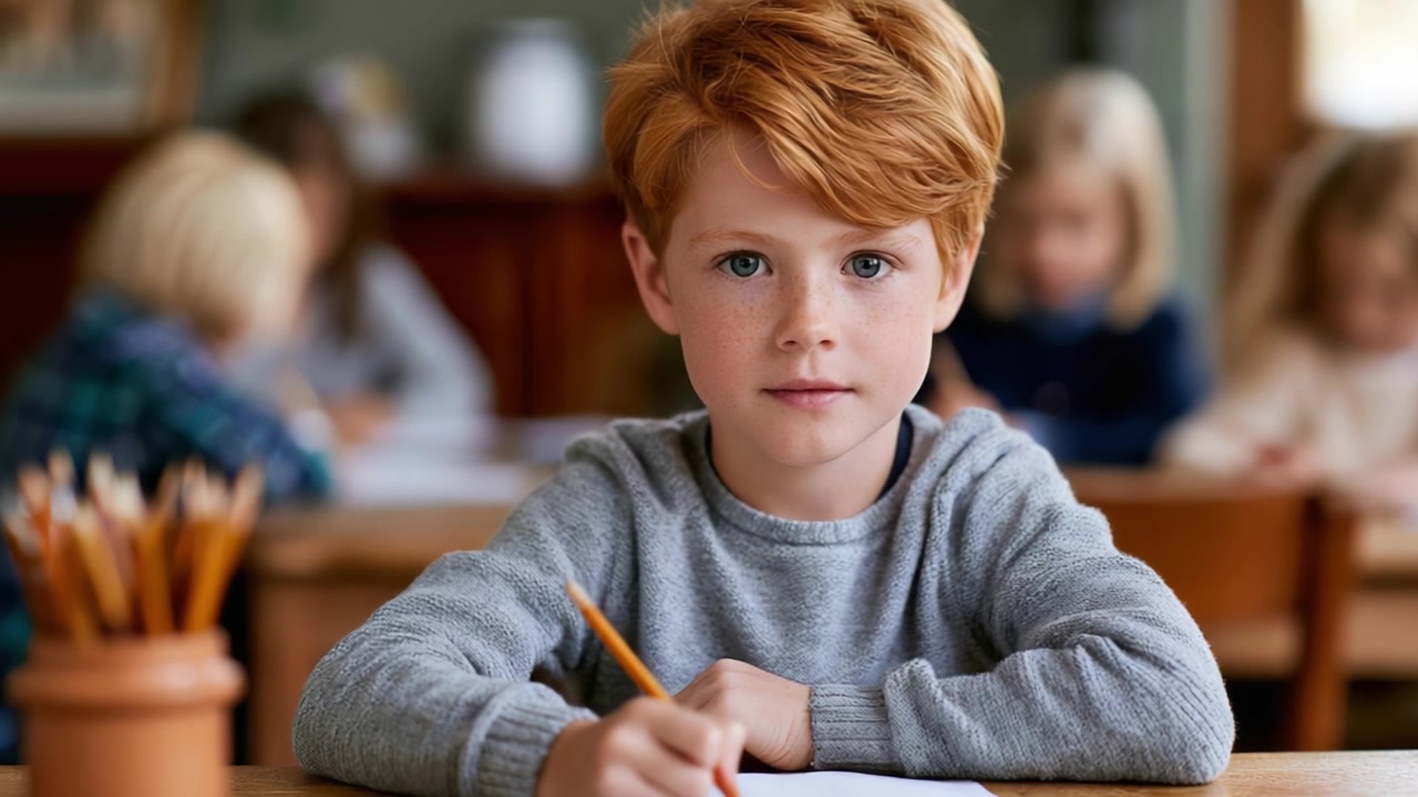Un bambino concentrato che scrive diligentemente in un'aula, mostrando concentrazione e creatività tra coetanei impegnati in compiti simili, riflettendo l'essenza dell'apprendimento infantile.