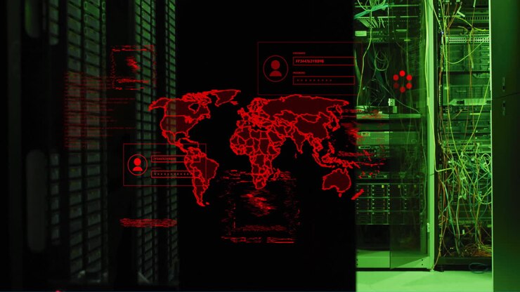 Animation of world map and data processing over computer servers