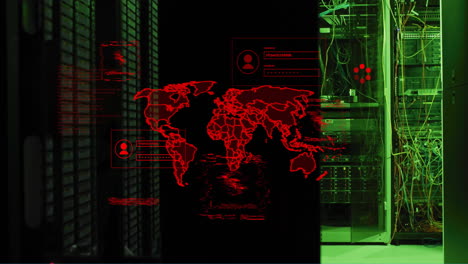 animation of world map and data processing over computer servers