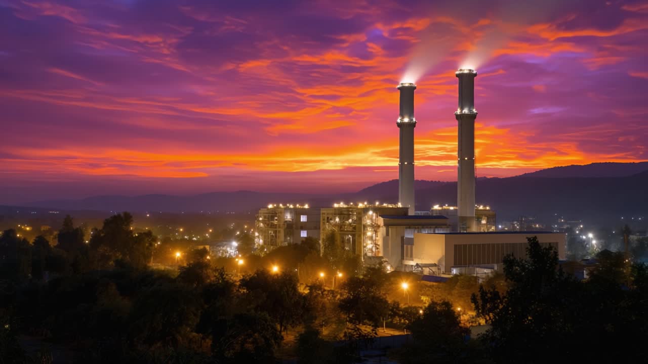 Uma Transição Deslumbrante do Anoitecer para a Noite em uma Usina Elétrica Moderna com Chaminés Gêmeas Iluminadas por Luzes Quentes Sob um Céu Colorido