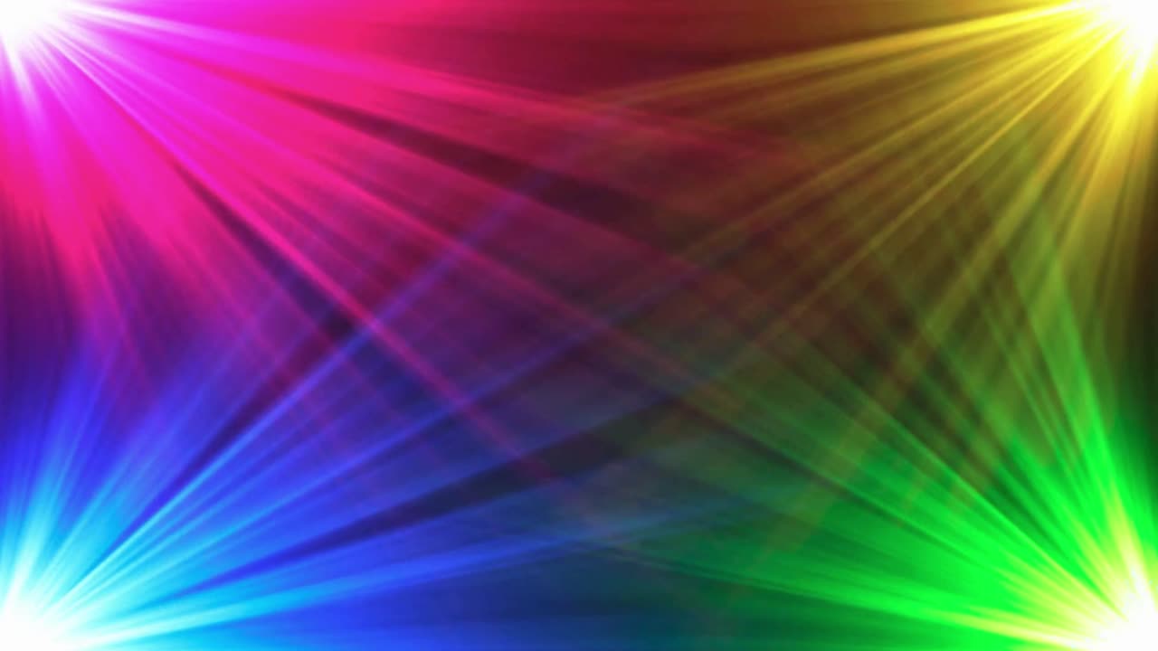 Haces de luz dinámicos y coloridos cruzándose sobre fondo oscuro