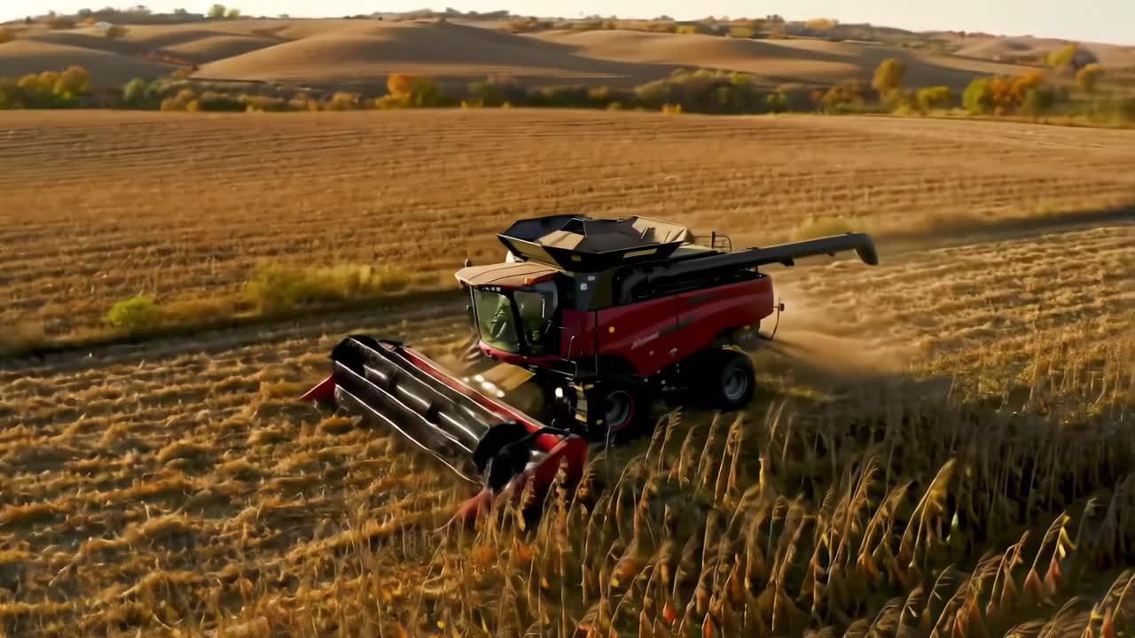 Aerial View of a Combine Harvester Operating Efficiently in a Golden Field During the Harvest Season, Showcasing Agricultural Technology and Scenic Landscapes
