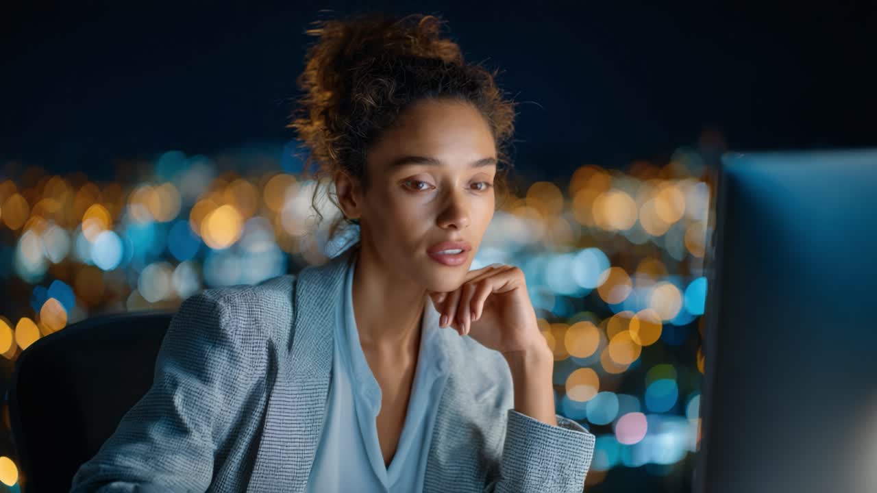 A focused young professional woman in a stylish outfit contemplates her work, gazing thoughtfully at her computer screen while city lights twinkle in the background at night