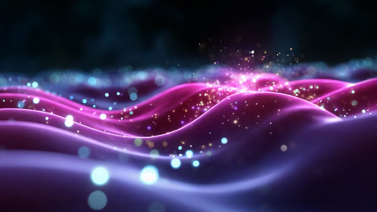 A mesmerizing visual of flowing waves adorned with shimmering sparkles, creating a captivating scene of ethereal beauty that draws the viewer into a dreamlike environment of vibrant colors and dynamic motion