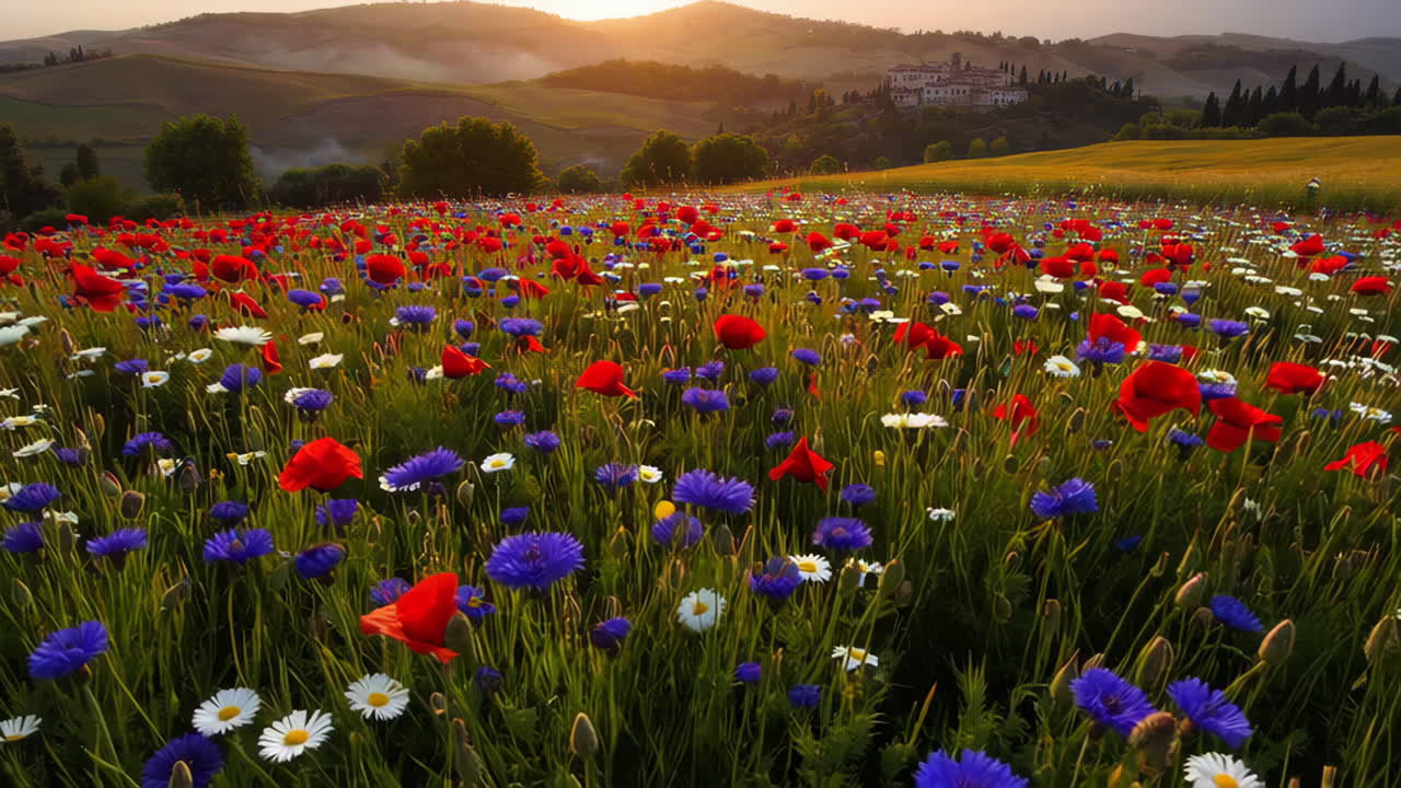 Vibrant Poppy and Wildflower Field in Tuscan Landscape at Sunset