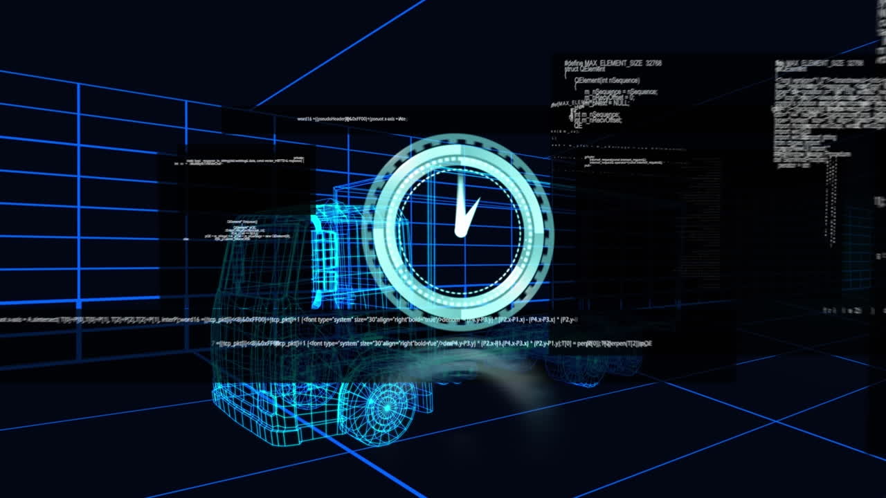 Animation of clock and data processing over 3d drawing model of lorry and grid