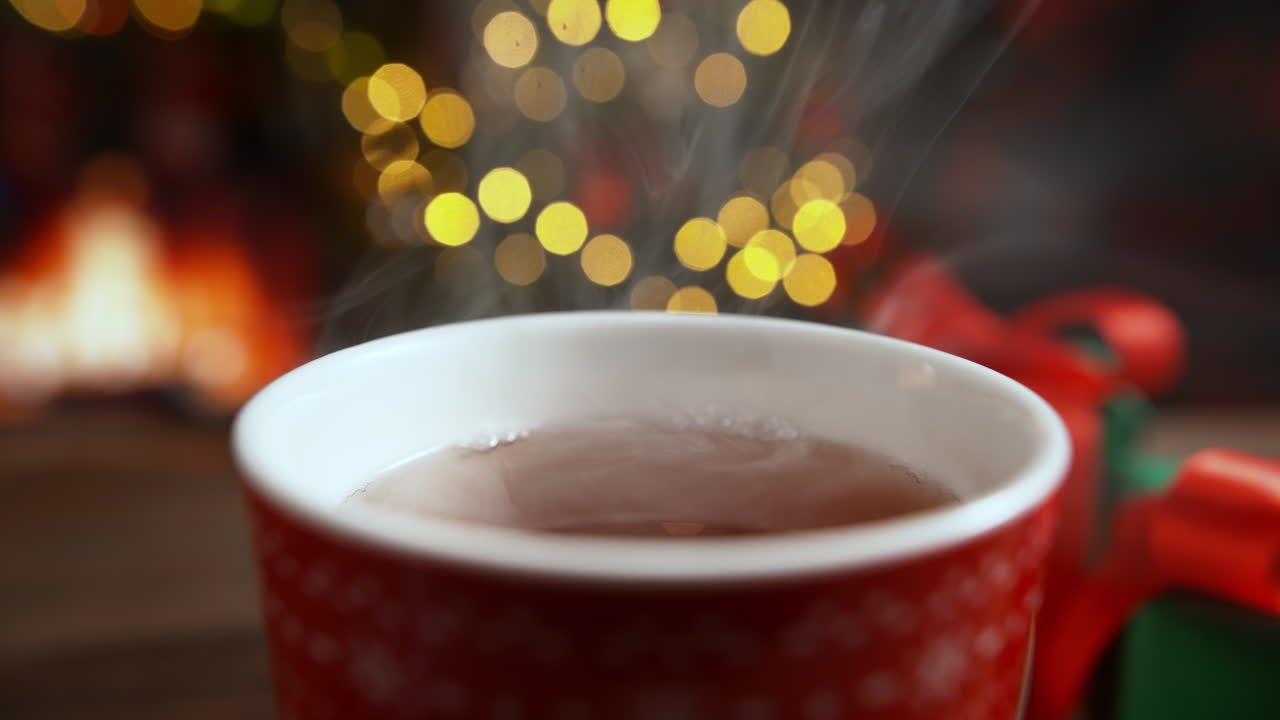 Adding A Lemon Slice To A Cup Of Soothing Tea On Christmas By The Fireplace, Slow Motion