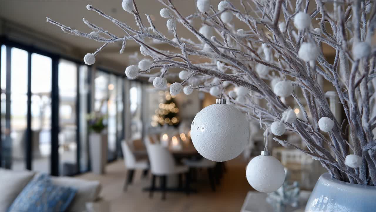 A Beautifully Decorated Winter Wonderland Featuring Frosted Branches and Holiday Ornaments in a Cozy Indoor Setting