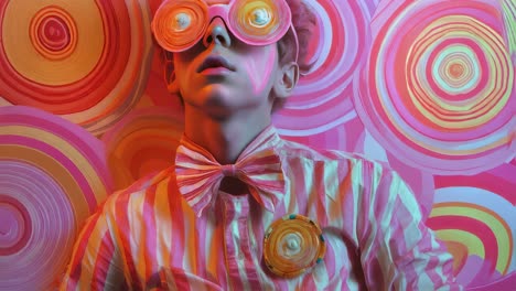 colorful portrait with pink striped shirt and unique glasses