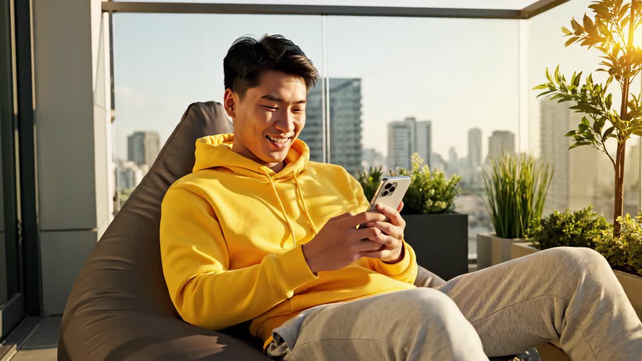 Man relaxing on balcony with smartphone