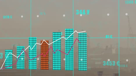 animación del procesamiento de datos financieros sobre el paisaje urbano