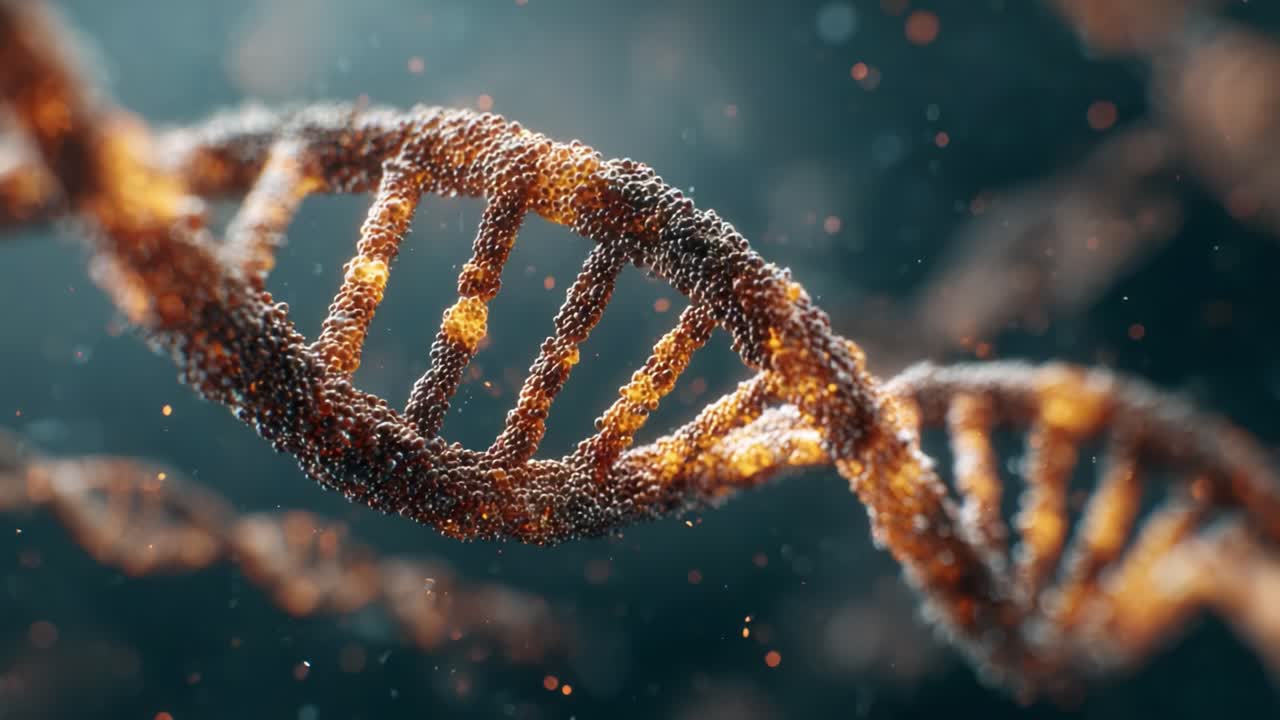 Esplorando le complessità del DNA: un’affascinante macro visualizzazione della struttura a doppia elica illuminata da particelle scintillanti e colori vivaci