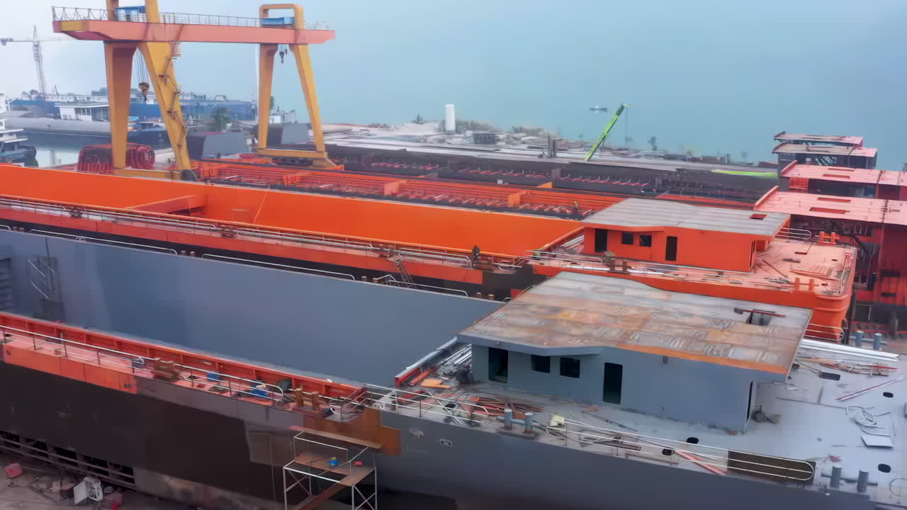 Shipyard steel frame basic industrial factory ship repair facility industry. sprawling docks, towering cranes, maritime construction. reveals industrial vessel assembly, heavy machinery