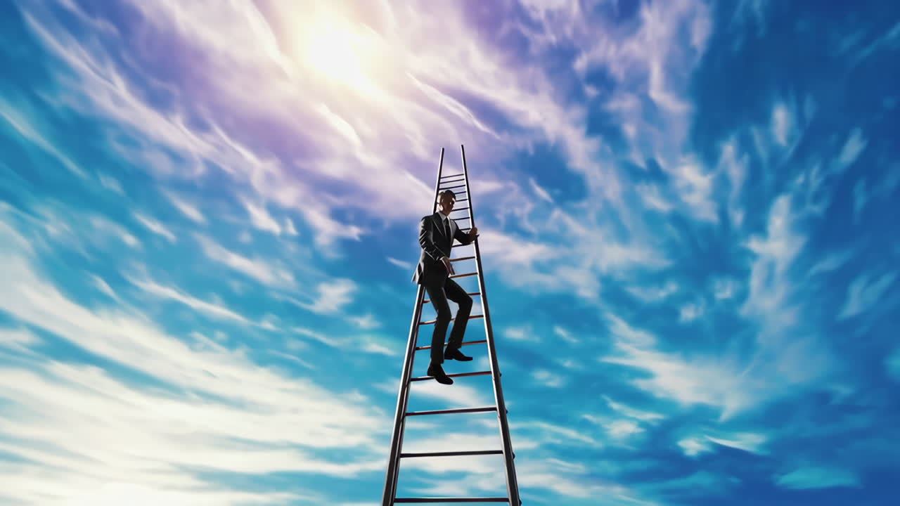 Man in Suit Climbing a Ladder Towards the Sky