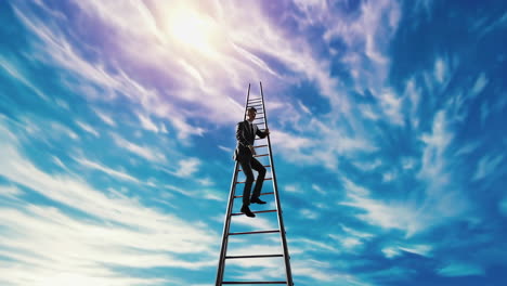 man in suit climbing a ladder towards the sky