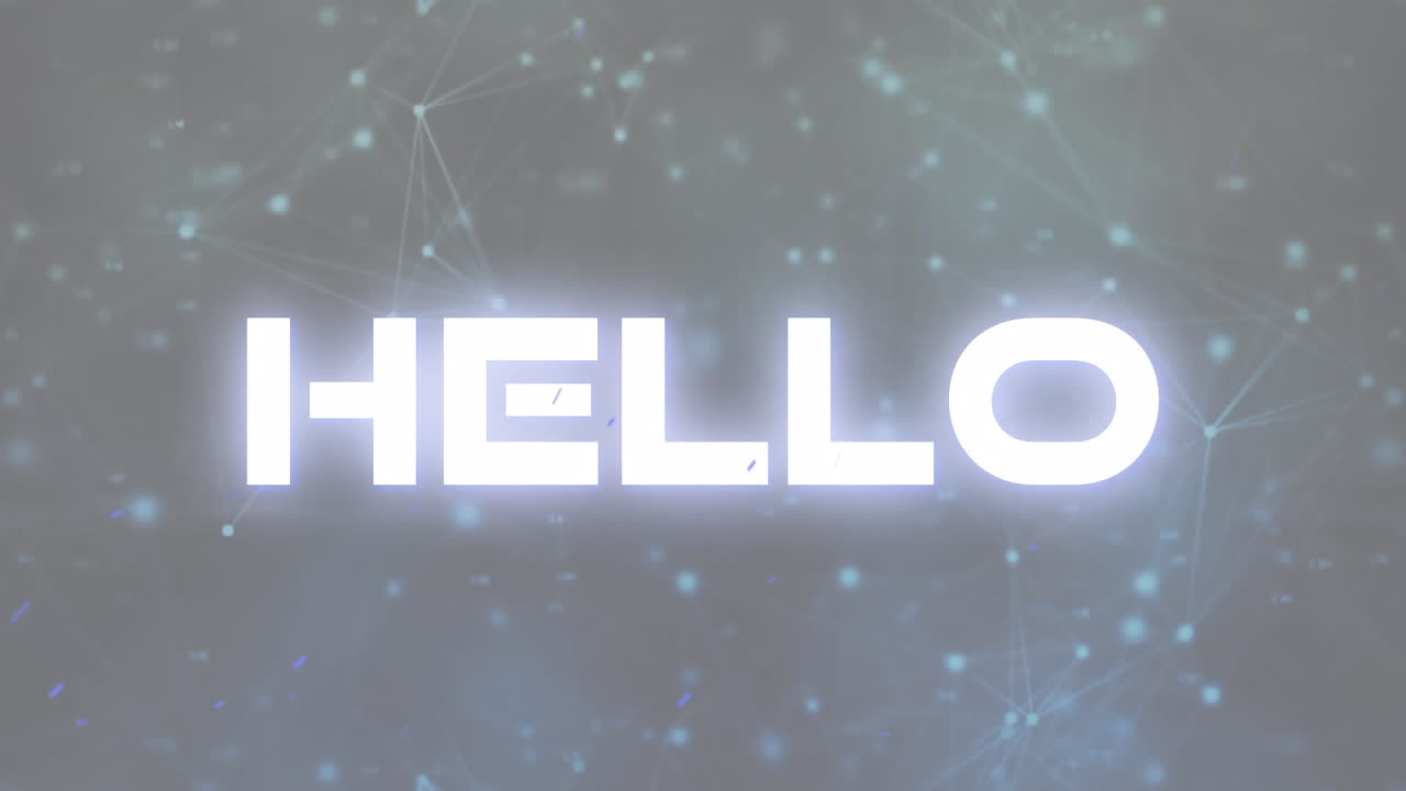 Animation of illuminated hello text over connected dots forming geometric shapes