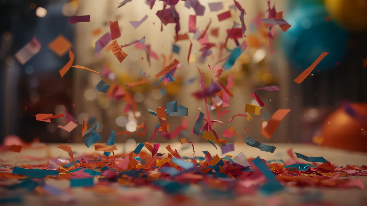 Burst releasing colorful confetti falling on tabletop amid balloons, scattering and forming mound