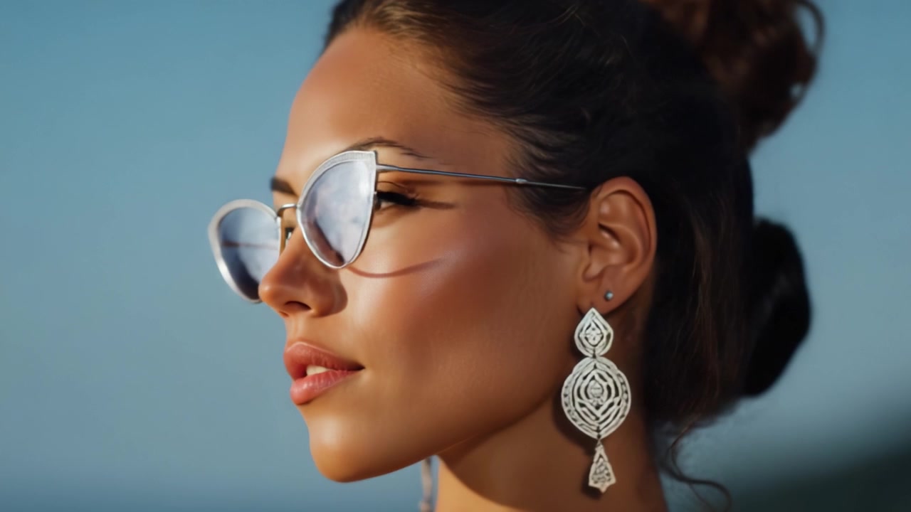 Momenti Catturati con Eleganza: Uno Sguardo Mozzafiato di una Donna alla Moda con Occhiali Cat-Eye e Orecchini Squisiti su uno Splendido Sfondo Esterno.