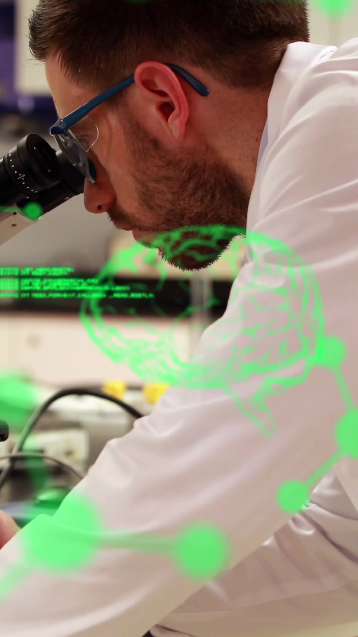 Animation of medical data processing and human brain over male scientist