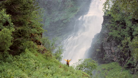 caminando cerca de una cascada en un bosque exuberante