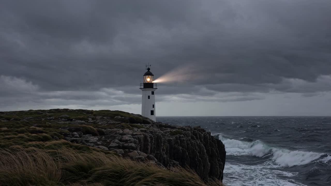 Fotogramma drammatico di un video di un faro su una scogliera rocciosa sotto un cielo tempestoso, ripreso da un angolo basso