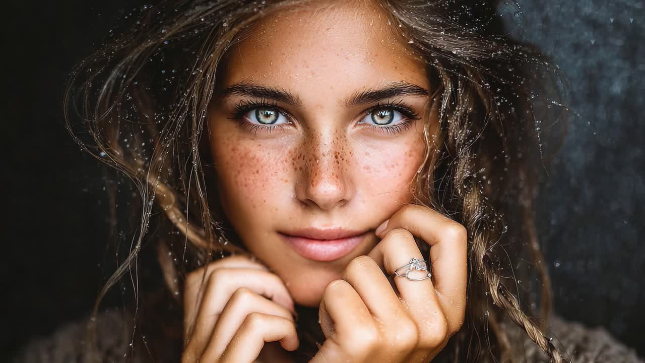 A Portrait of Natural Beauty: Capturing the Essence of a Young Woman with Glowing Eyes and Freckles, Surrounded by a Soft Glow and Enchanting Expression