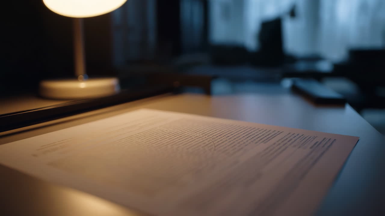 Desk lamp illuminating a document at night