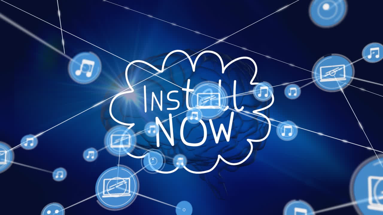 디지털 아이콘 네트워크의 애니메이션을 통해 이제 텍스트 배너와 인간 뇌를 설치합니다.