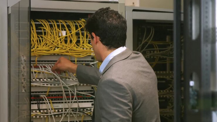Technician looking at open server locker