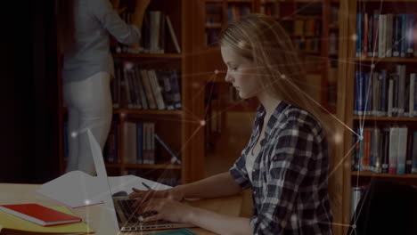animación de la red de conexiones a través de una estudiante usando una computadora portátil desde casa