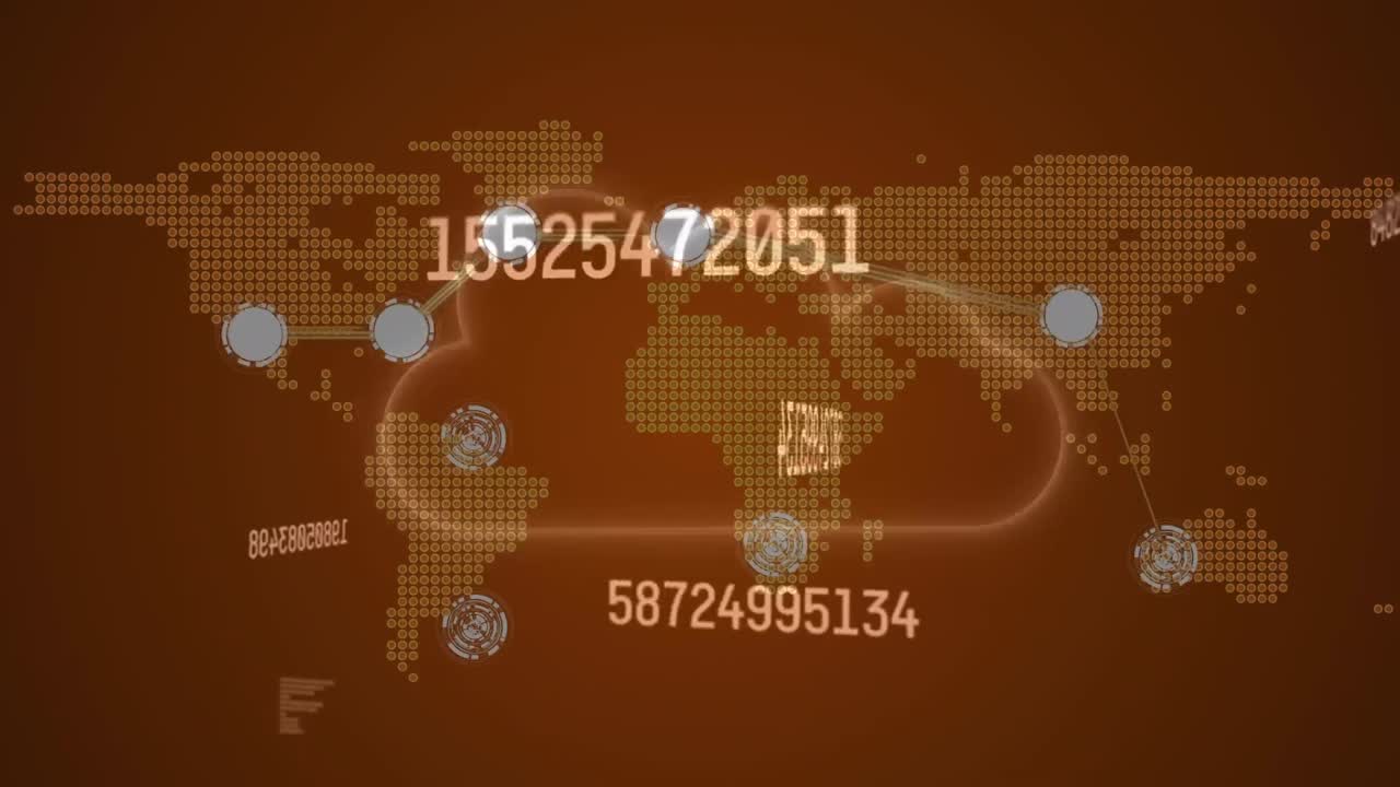 Animazione di icona nuvola luminosa su rete di punti su mappa mondiale ed elaborazione dati, su sfondo marrone