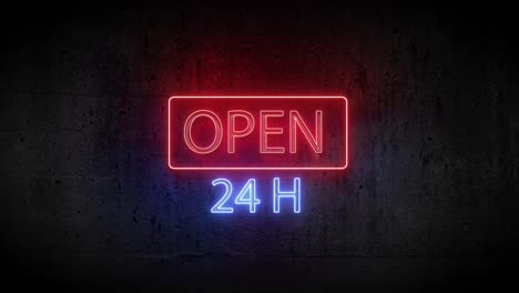 neon sign open 24 hours on concrete wall