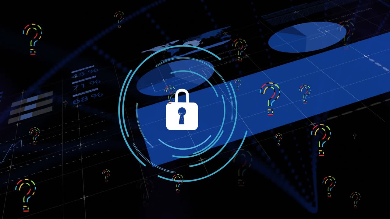 animación del procesamiento de datos sobre bloqueo y signos de interrogación.