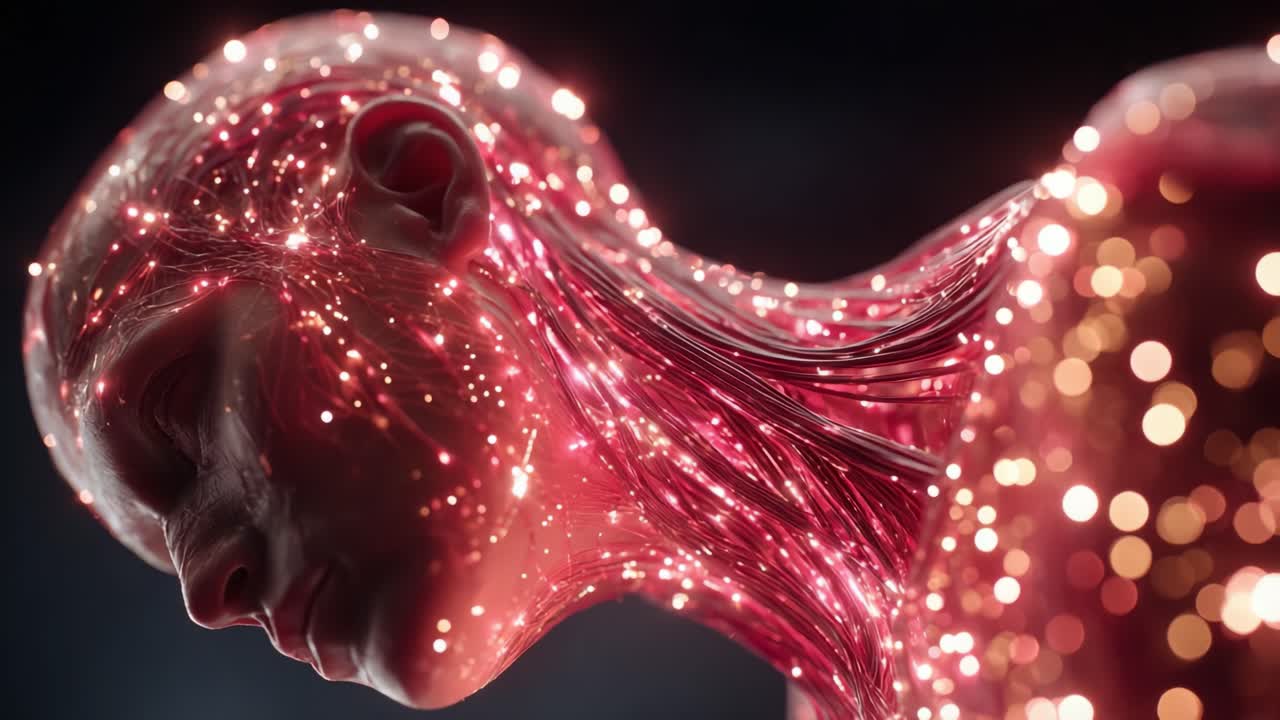Una splendida rappresentazione visiva di una figura umana luminosa, piena di intricati motivi luminosi ed elementi scintillanti in un'atmosfera oscura