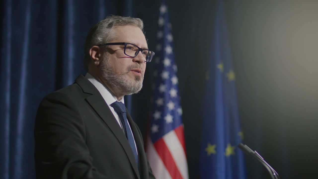 Politician Speaking in front of Journalists during Global Press Event