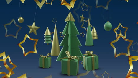 animation of christmas trees and decorations on blue background