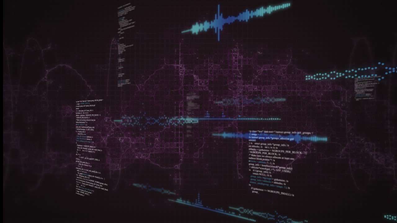 Animation of data processing over purple digital wave against purple background