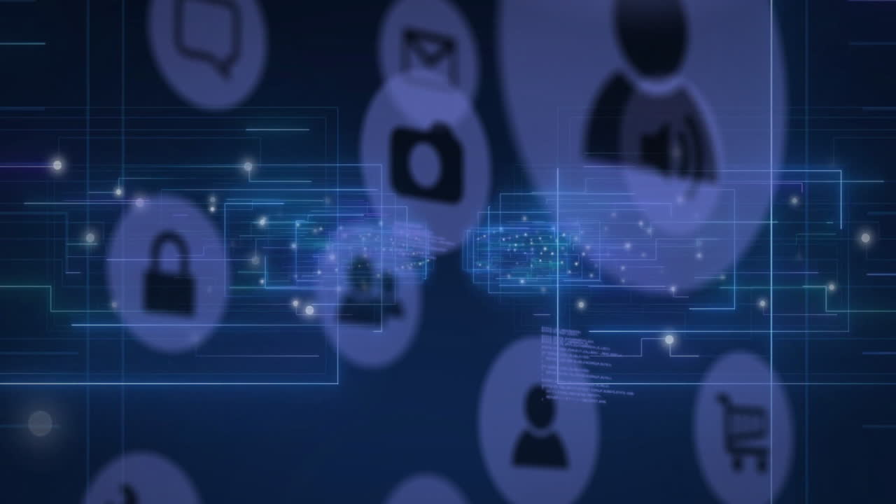 Digital network icons and data processing animation over abstract blue background