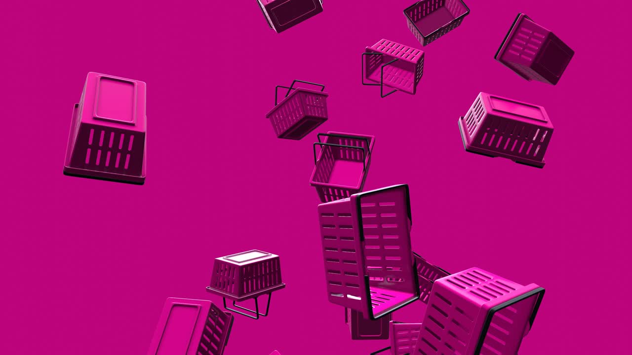 cestas de compras de plástico púrpura sobre un fondo púrpura.