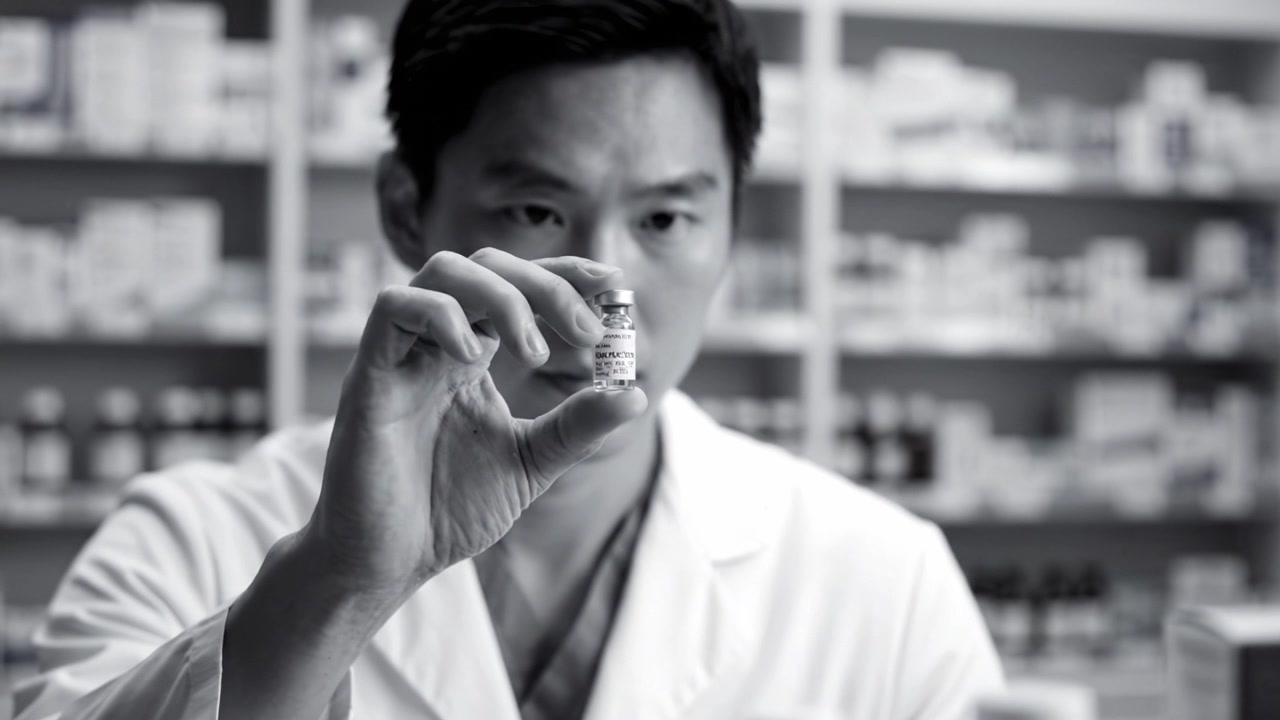 Farmacista che esamina una fiala di vaccino in un ambiente di laboratorio, concentrato su farmaci e sicurezza sanitaria, a rappresentare l'assistenza farmaceutica e il benessere del paziente.