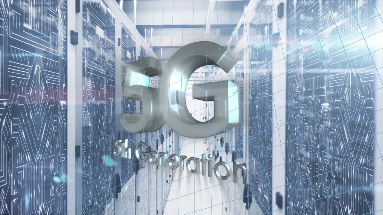 Animation of 5g text, mathematical equations and data processing over computer servers