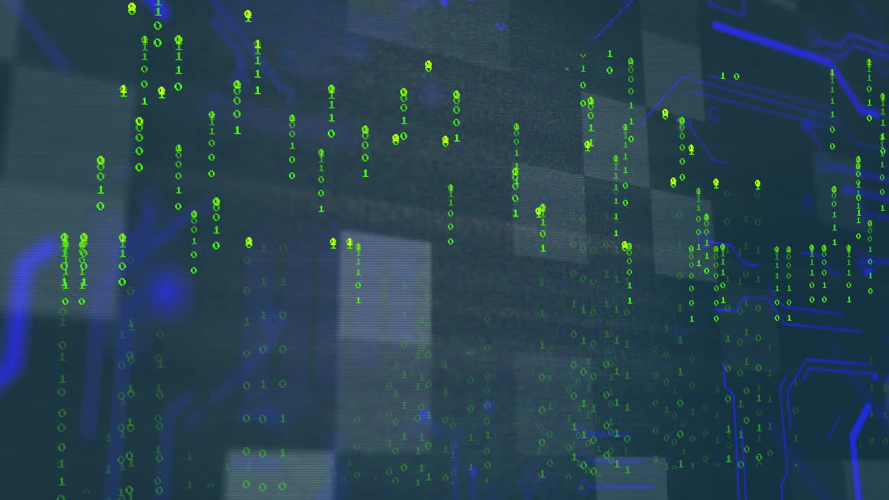 Binary code streams being animated through virtual display, showing neon panels and glitch effects