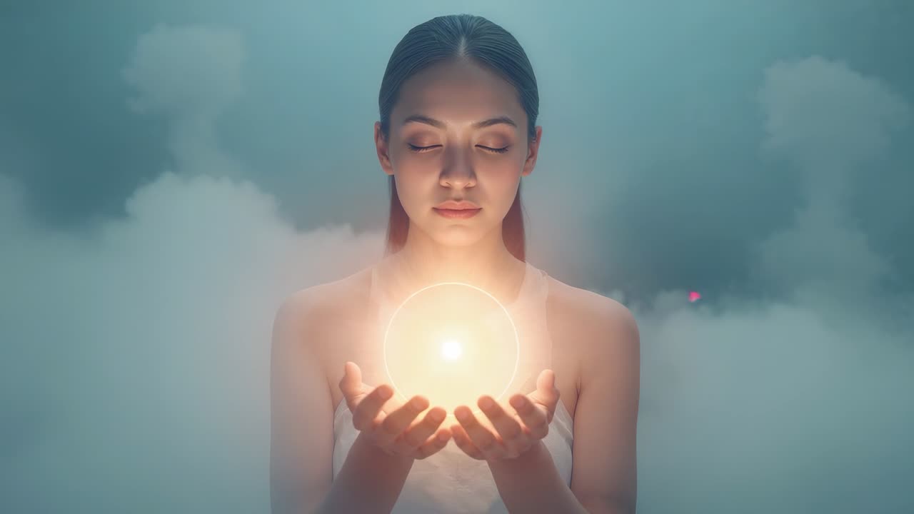 Portrait d’une femme asiatique tenant un orbe lumineux et de la brume s’élevant dans un studio, portant une robe blanche sans bretelles